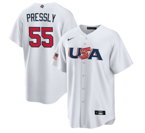 Men's USA Baseball #55 Ryan Pressly 2023 White World Baseball Classic Stitched Jersey